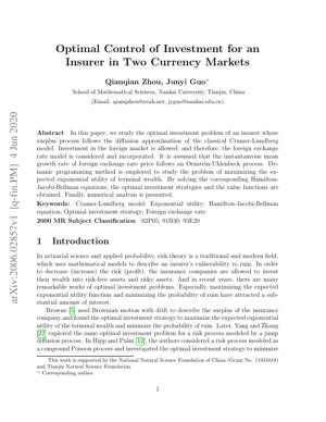 Copertina documento PDF - Investimento Ottimale per un Assicuratore in Due Mercati Valutari: Un'Analisi di Controllo Stocastico